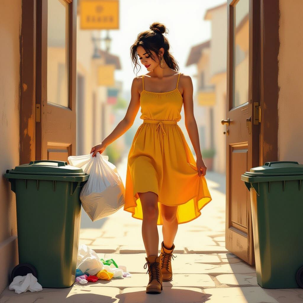 Woman in Sundress Disposing of Trash: Digital Art