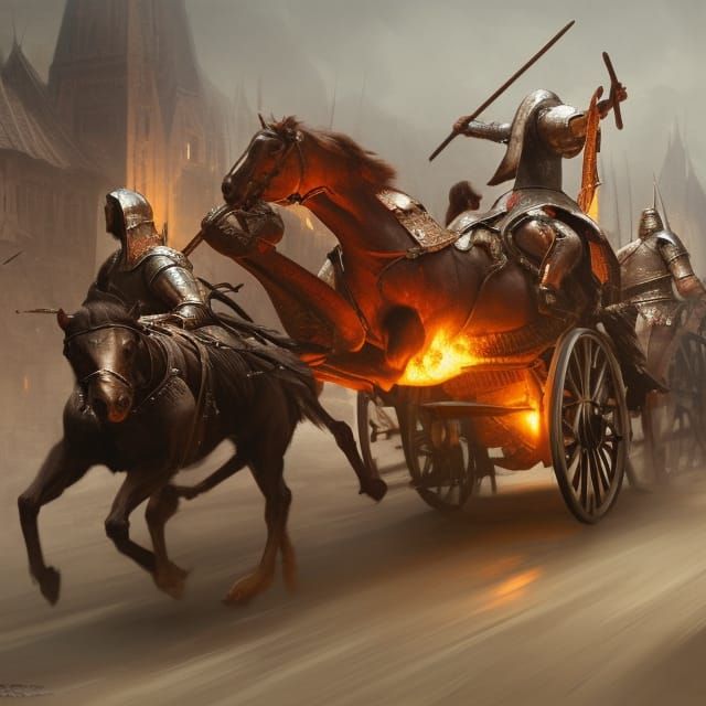 Medieval Warrior Cart Pursuit in Dark Fantasy Style