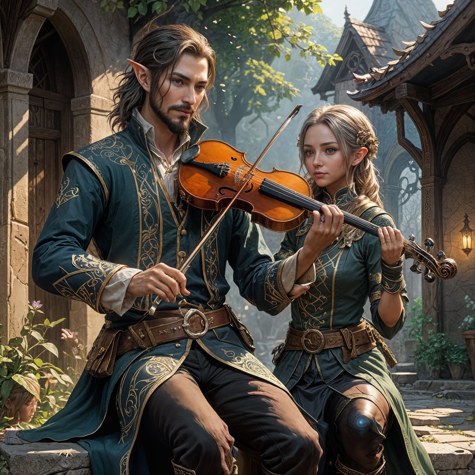 Half-Elf Bard and Thief in Anime Art Style