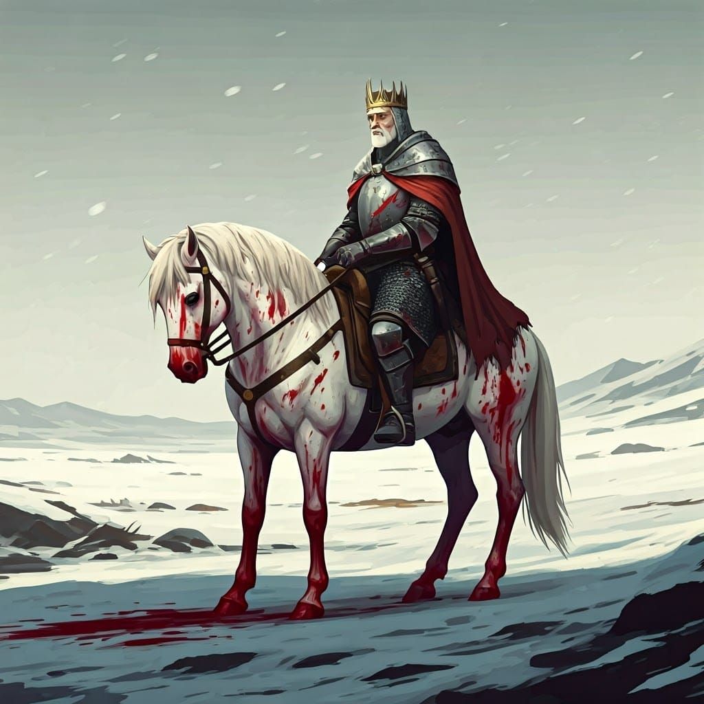 Elderly King Rides Weary White Horse Through Snowy Wasteland...