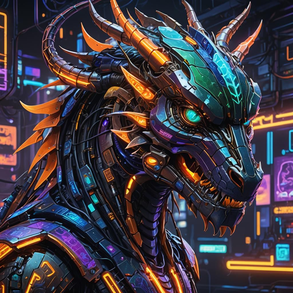 Cyberpunk Dragon Head with Glowing Circuits