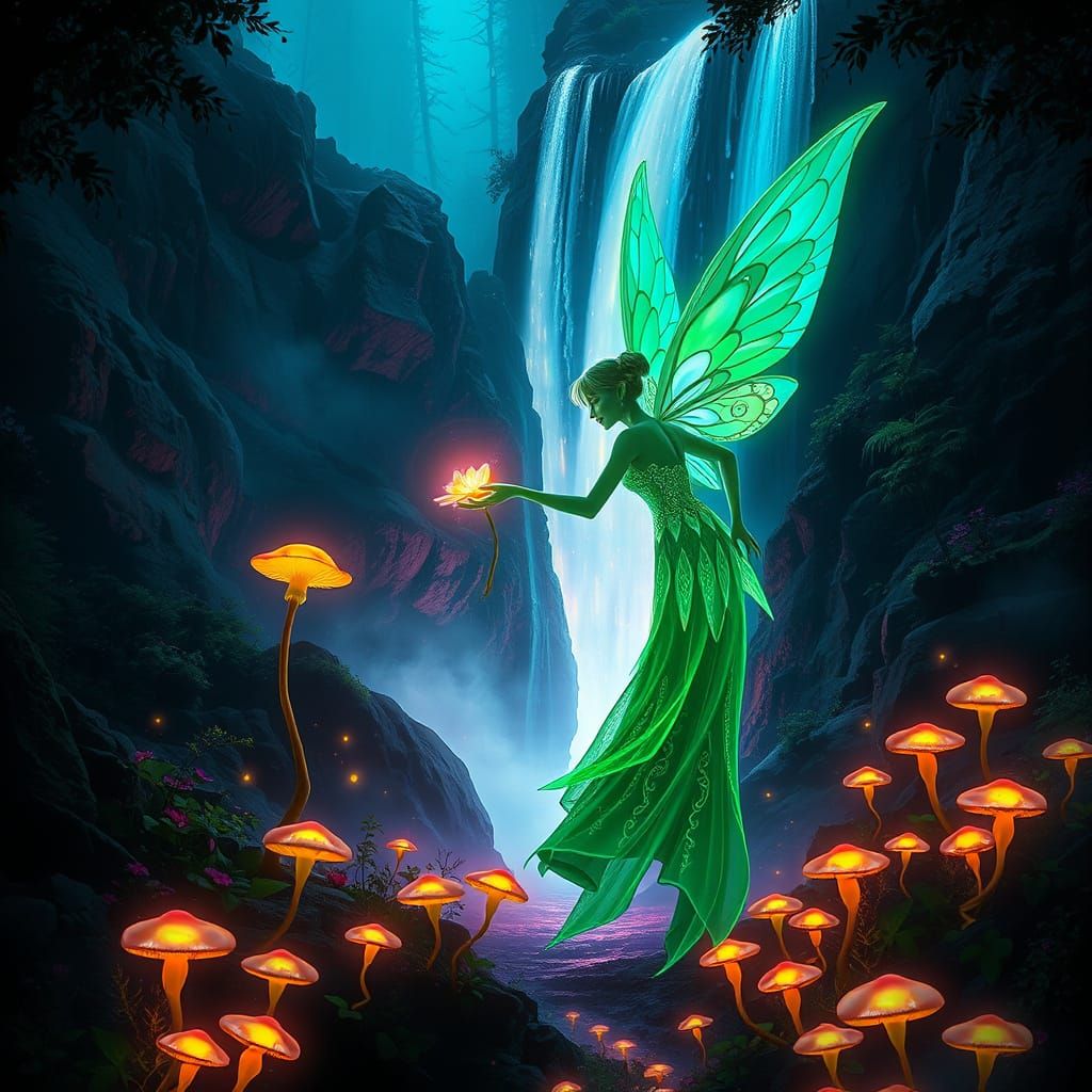 Surreal Fairy Woman Touches Glowing Flower in Neon-Lit Dark ...