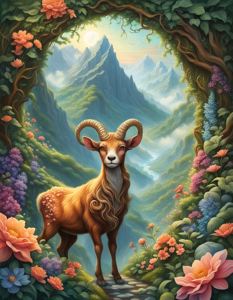 Faun and Hidden Portal in Dreamy Landscape