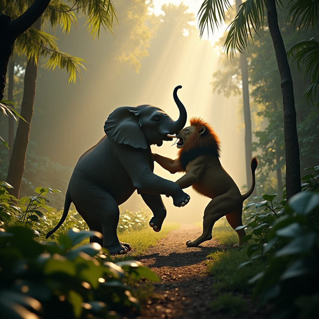 Elephant and Lion Clash in Amazon Rainforest