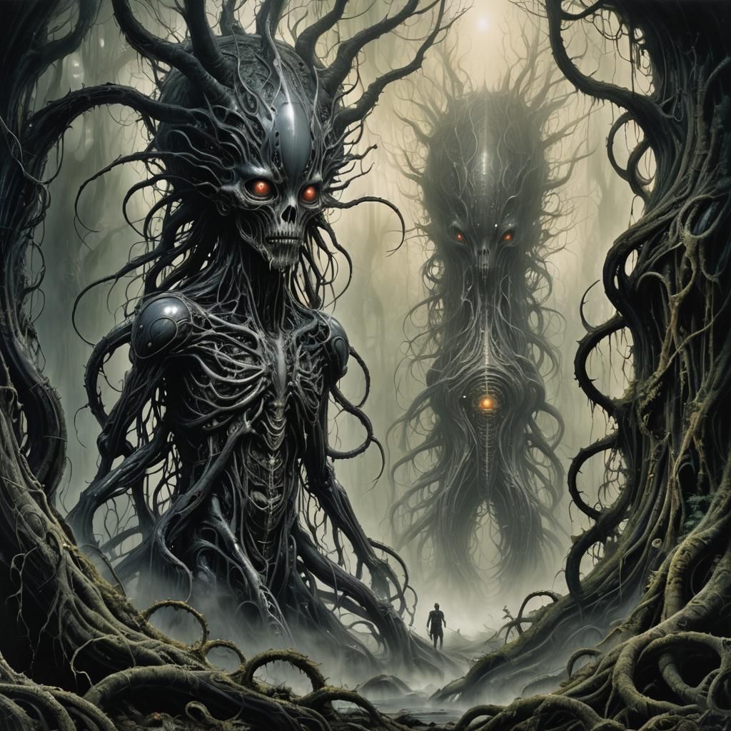 eldritch forest encounter, art by H.R. Giger and Yoshitaka A...