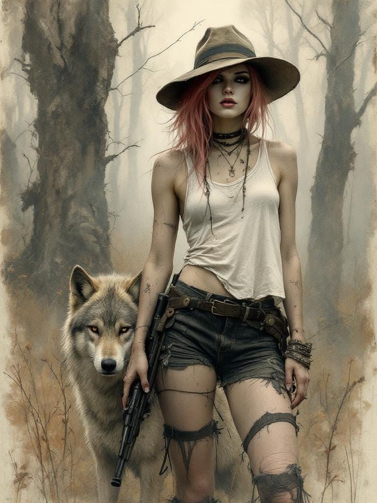 Punk Woman and Wolf in Moody Pastel-Charcoal Sketch