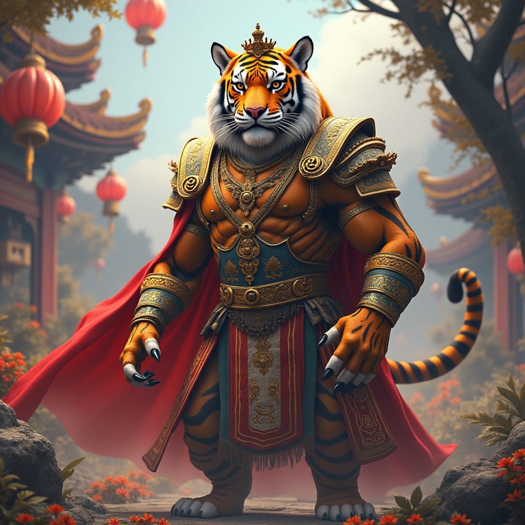 Regal Humanoid Tiger in Dreamlike Environment