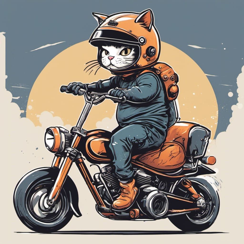 Chubby Cat Rides Motorcycle in Vector Art Style