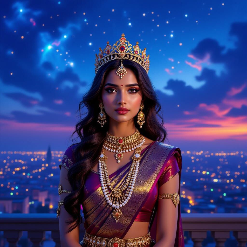 Indian Girl on Balcony Overlooking Twilight City