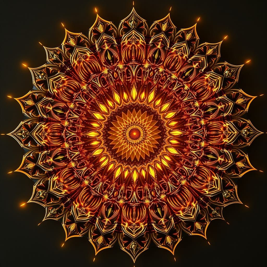 Golden Fractal Mandala with Intricate 3D Textures