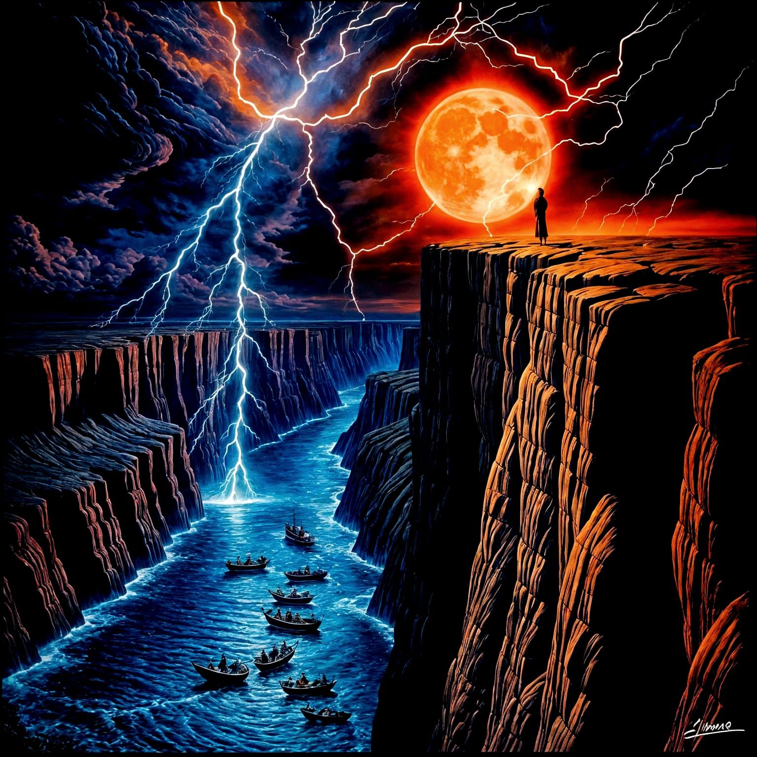 Surreal Magnetic Vision: Woman, Moon, and Lightning