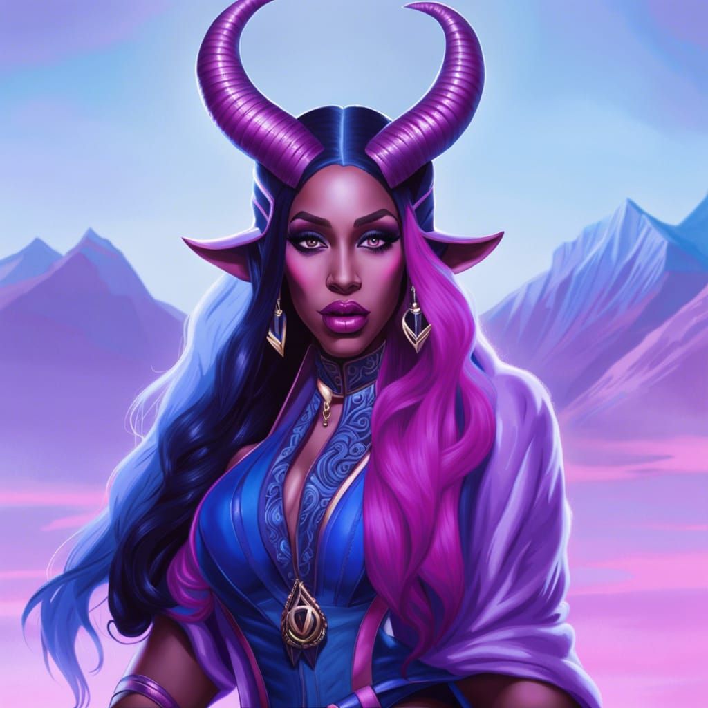 Striking Tiefling Bard with Ombre Hair in Splash Art