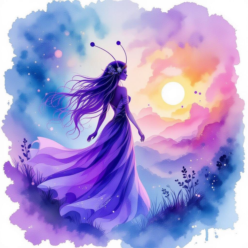 Purple Alien Exploring a Stunning Planet in Watercolor