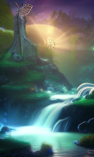 Bioluminescent Waterfall and Windmill in Fantasy Art