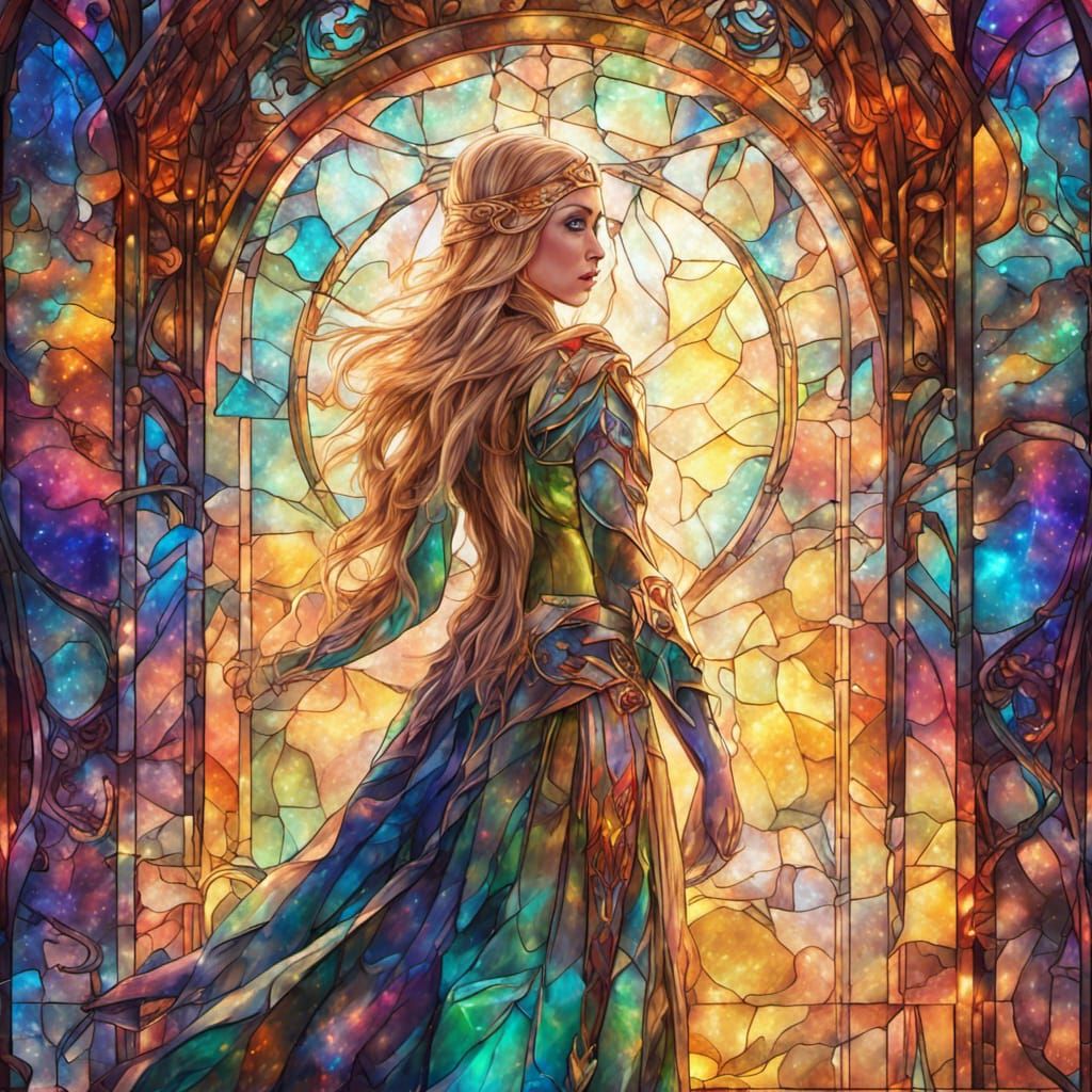 Elven Princess in Stained Glass Window, Astral Illustration