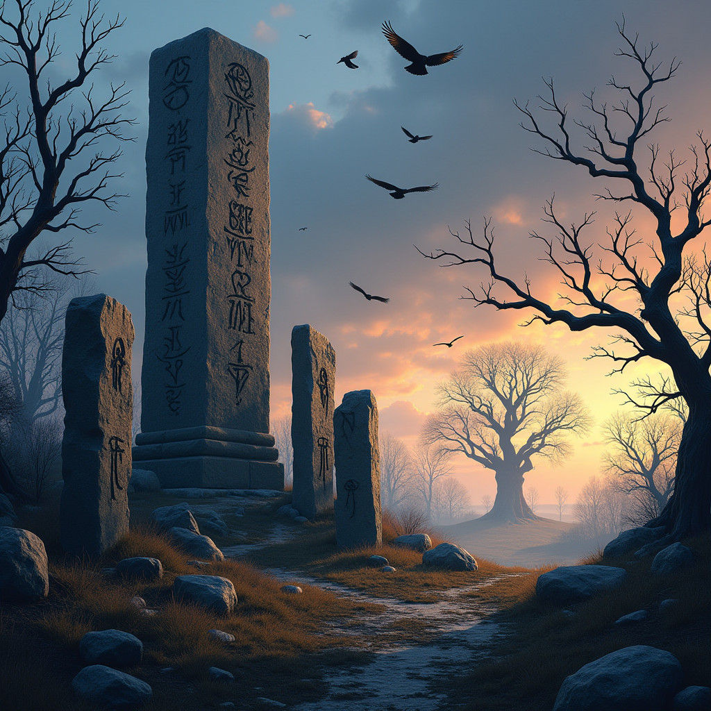 Norse Runestone Pillar with Ravens and Oak Tree