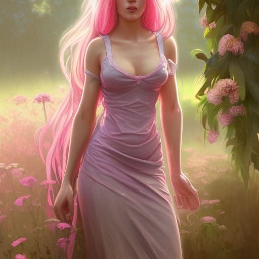Pink-Haired Girl Working in Garden: Hyperdetailed Portrait