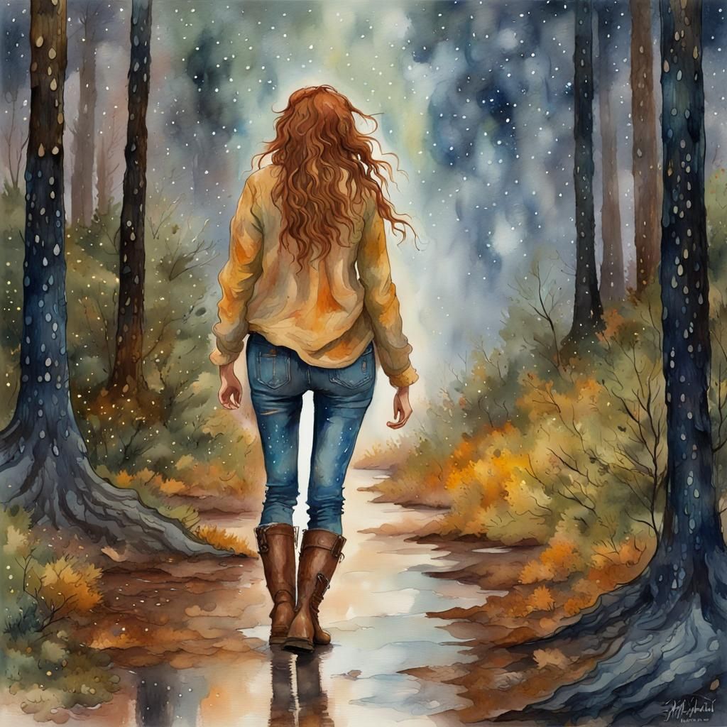 Woodland Faery Soaking Wet in in the Rain Walking on a Trail through a Pine Forest, Unkempt Rain Soaked Hair, Wearing a ...
