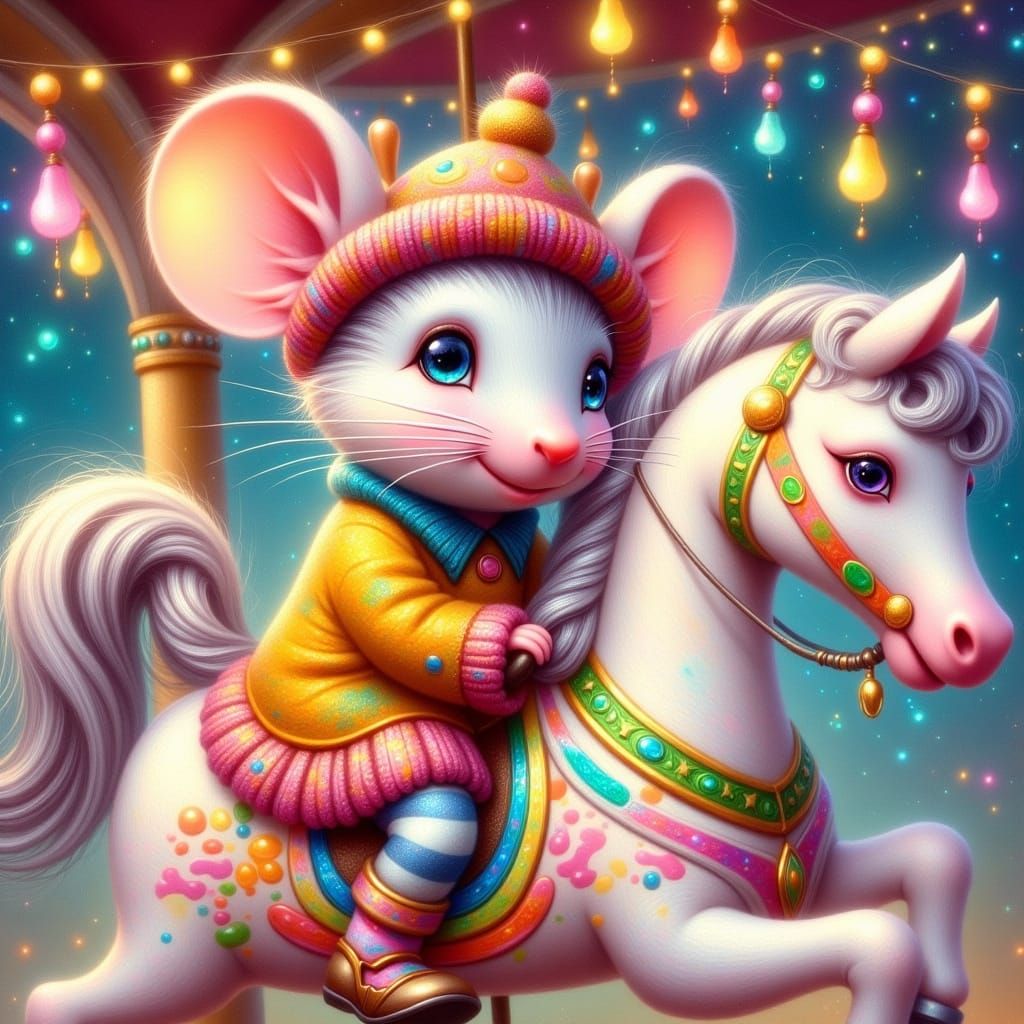 <lora:FiosFantasyGlow:1.0> a shy mouse riding a painted caro...