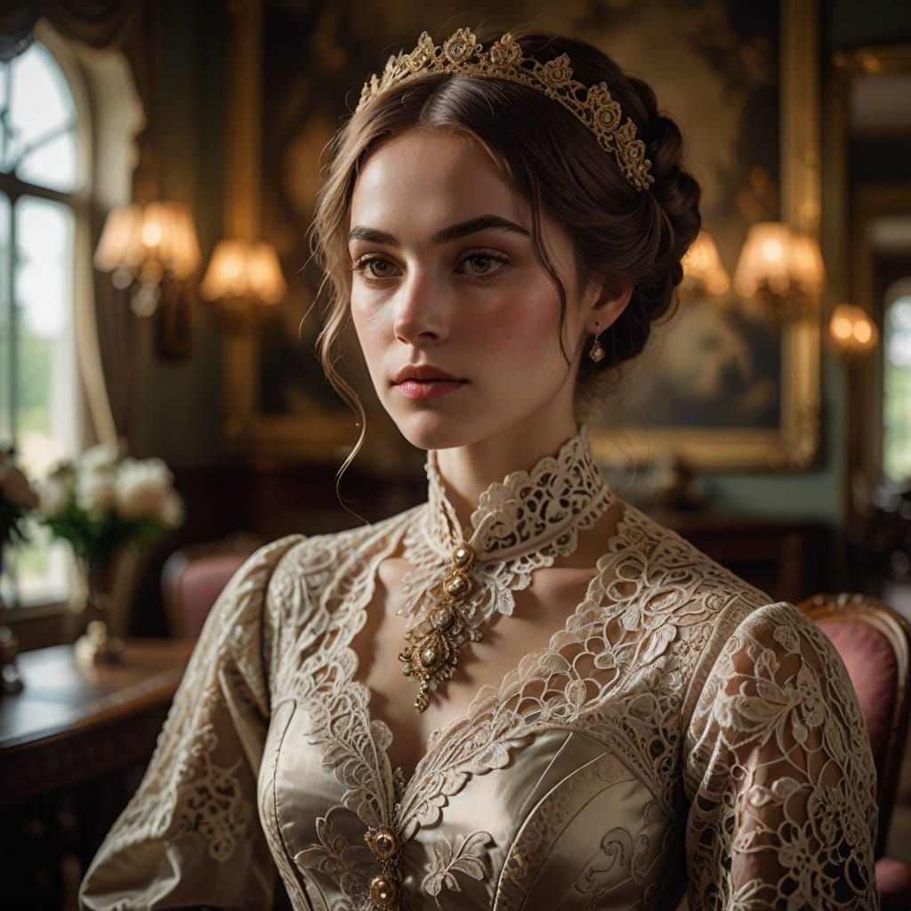 Victorian Woman Posing in Ornate Parlor