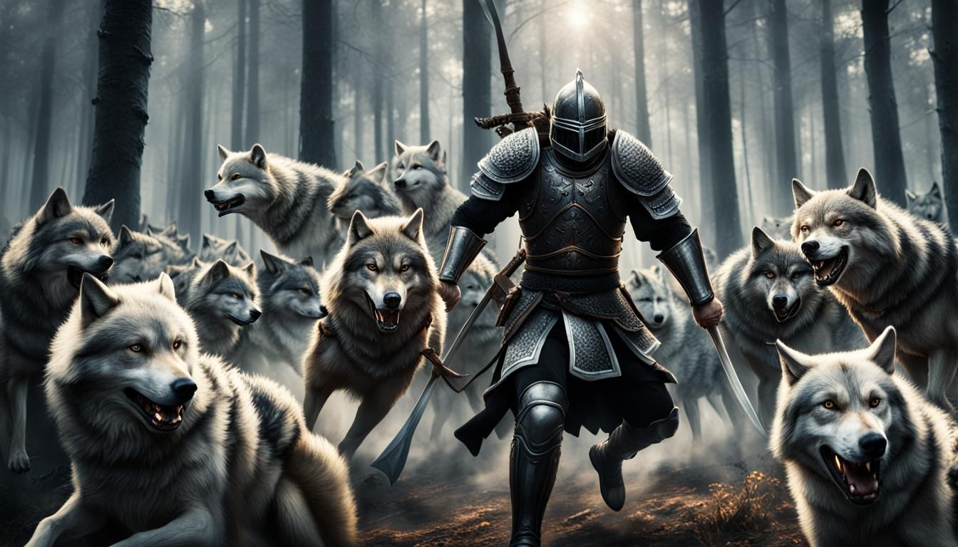 Warrior Fighting Wolves in Forest: Hyperrealistic HDR