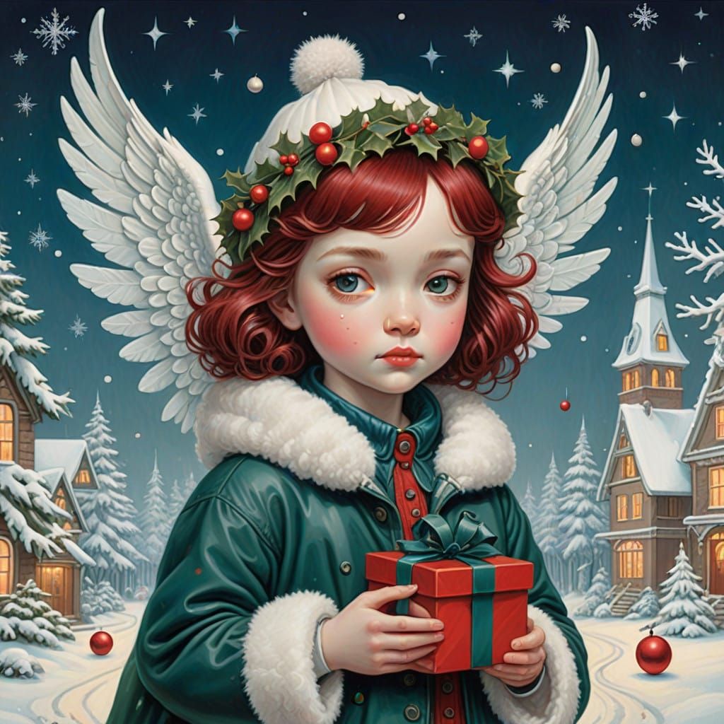 Whimsical Winter Angel in Mixed Media