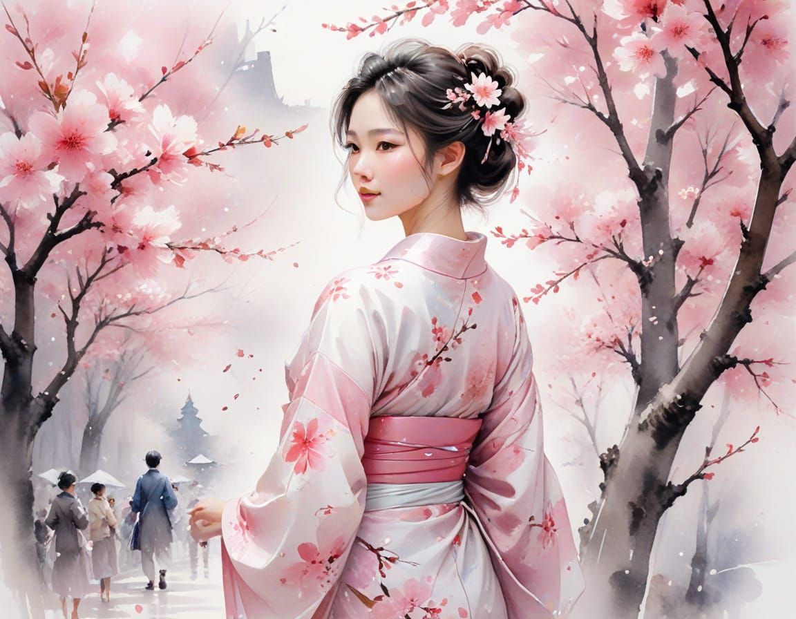 Kyoto Cherry Blossom Festival in Watercolor Style