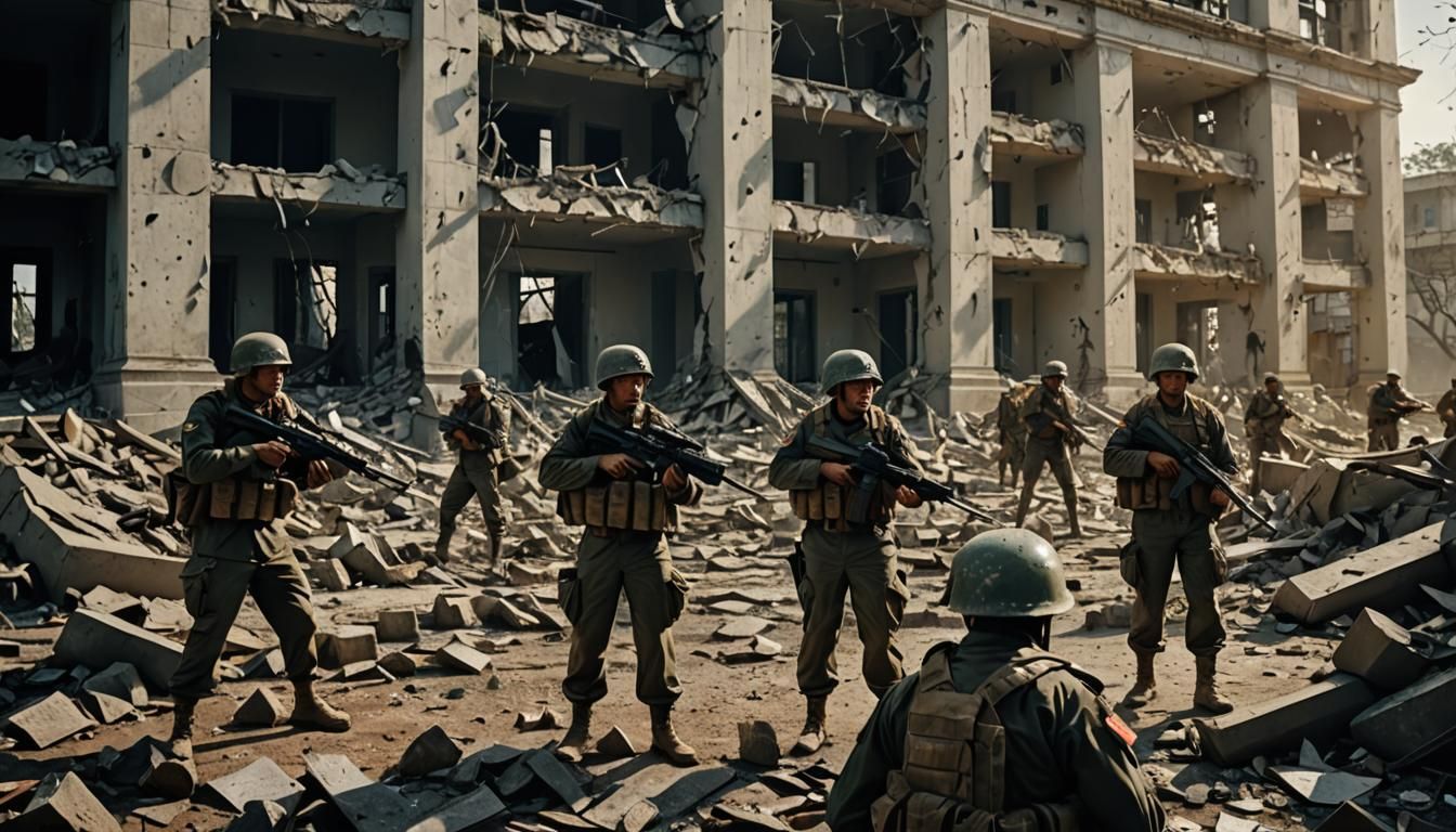Soldiers Occupying Building: Cinematic War Photo