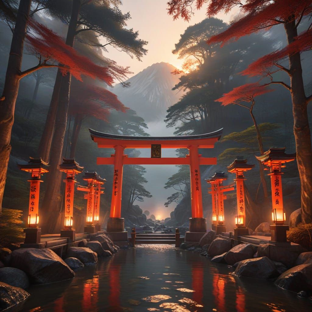 Golden Torii Gate in Japanese Mountain Mist at Sunset