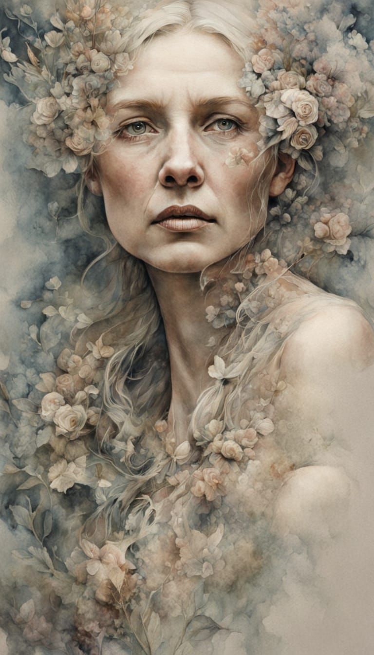 Watercolor Portrait of an Elderly Woman with Delicate Expres...