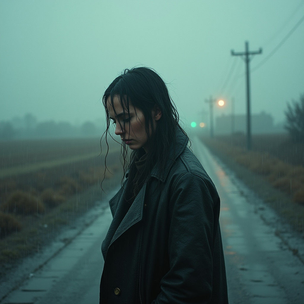 Melancholy Figure in Rain-Soaked Landscape: Cinematic Film S...