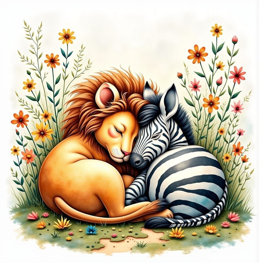Serenely Curled Lion and Zebra in Watercolor