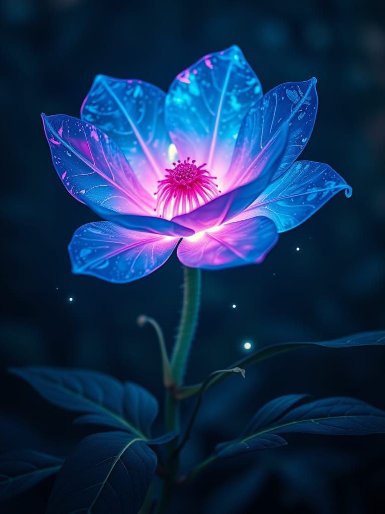 Enchanted, Neon Flower Blooms in a Dreamlike, Dark Forest