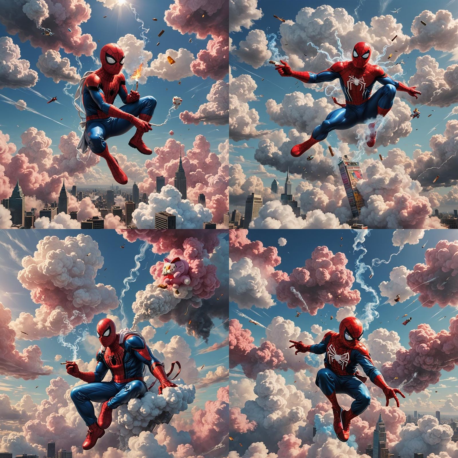 Spiderman and Hello Kitty Smoking in the Sky