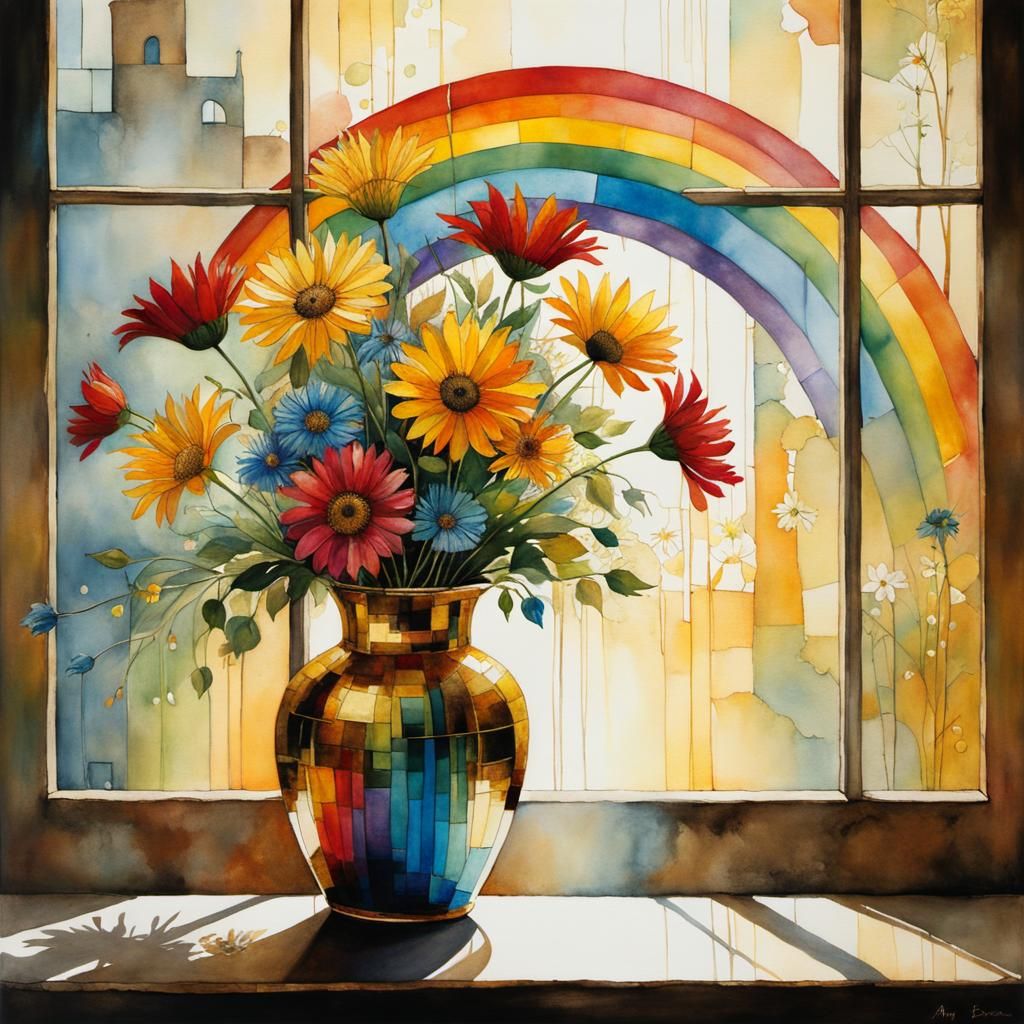Whimsical Flower Vase with Rainbow, Detailed Illustration