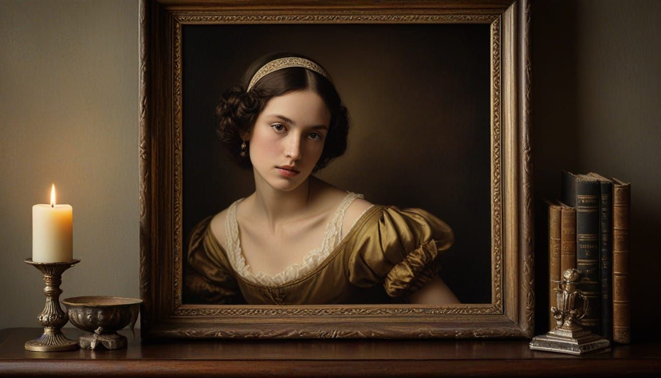 Vintage Woman in Sepia Tones with Leather-Bound Books