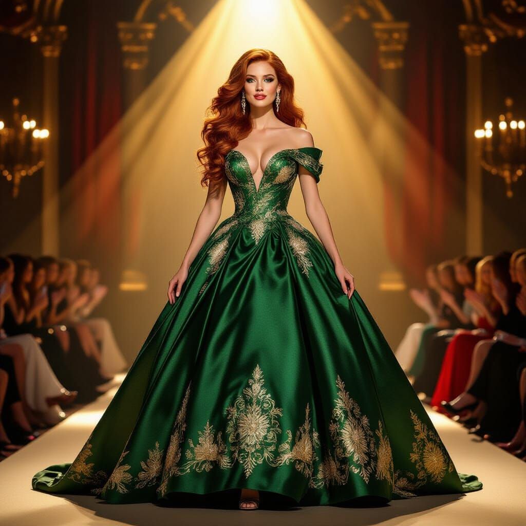 Redhead in Emerald Gown Parades on Stage
