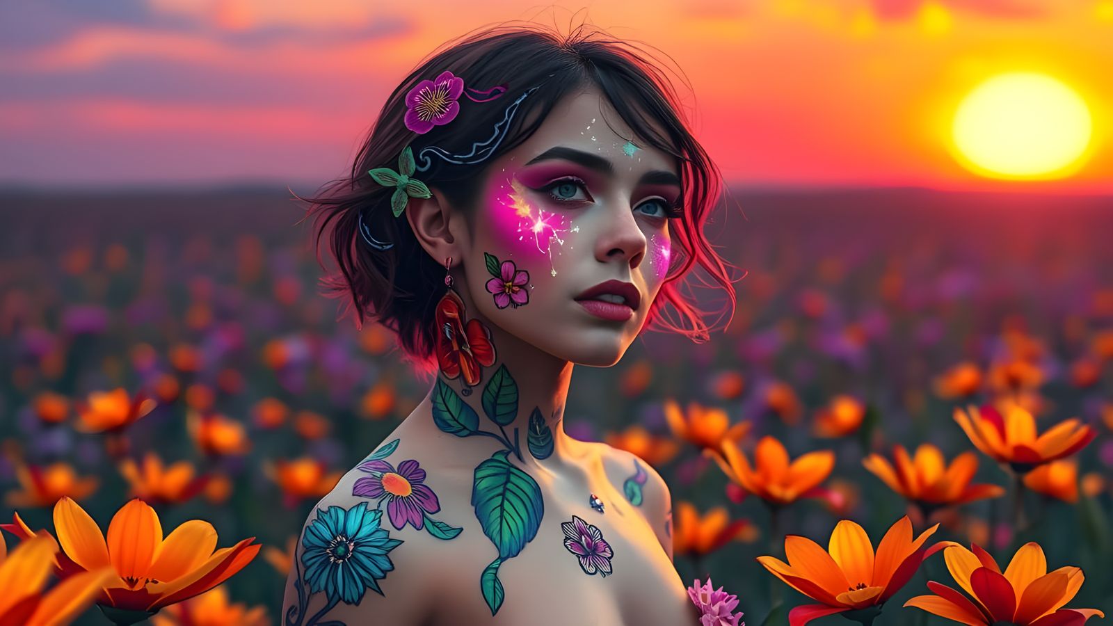 Stained Glass Woman in a Cosmic Flower Field