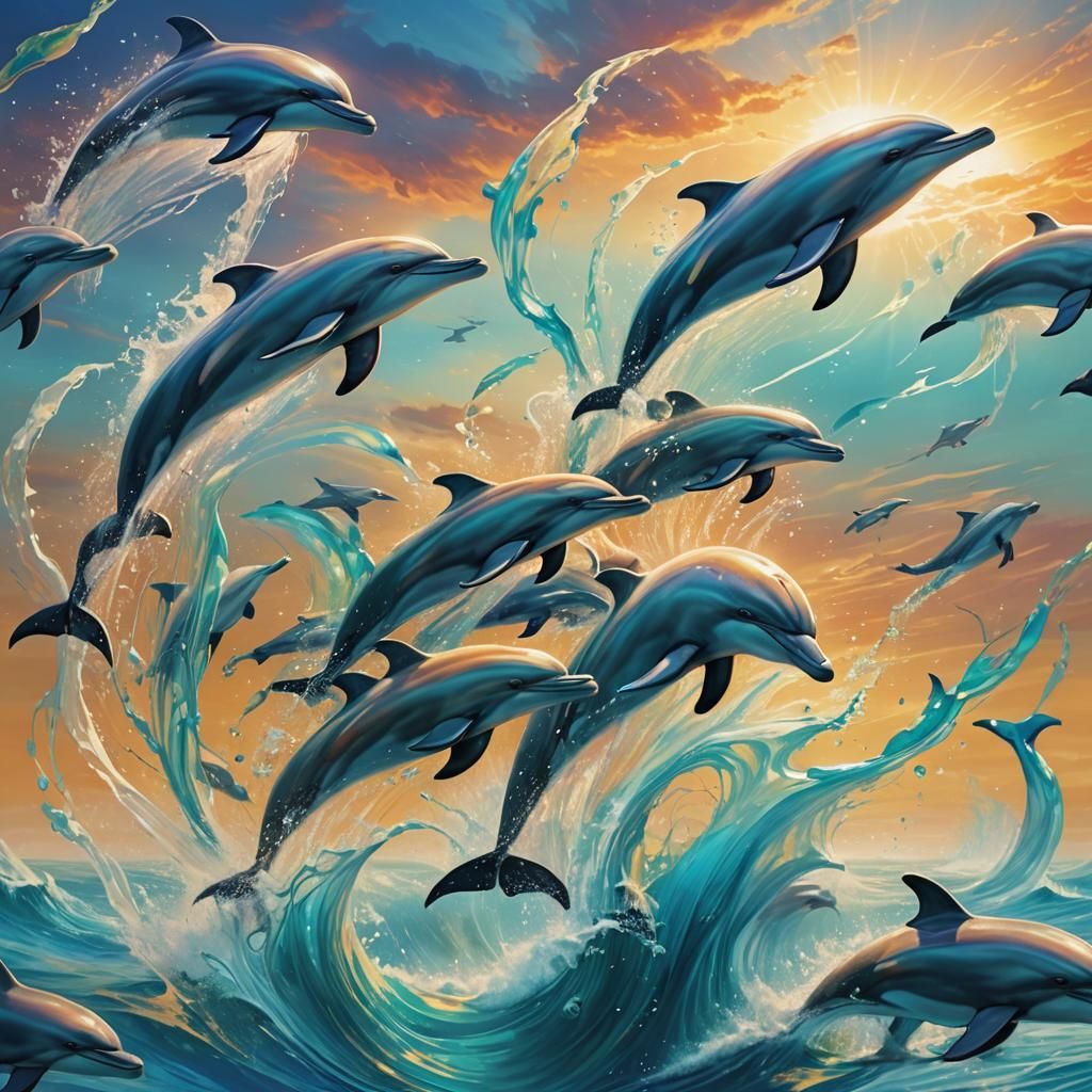 Iridescent Dolphins Made of Water in Shimmering Ocean