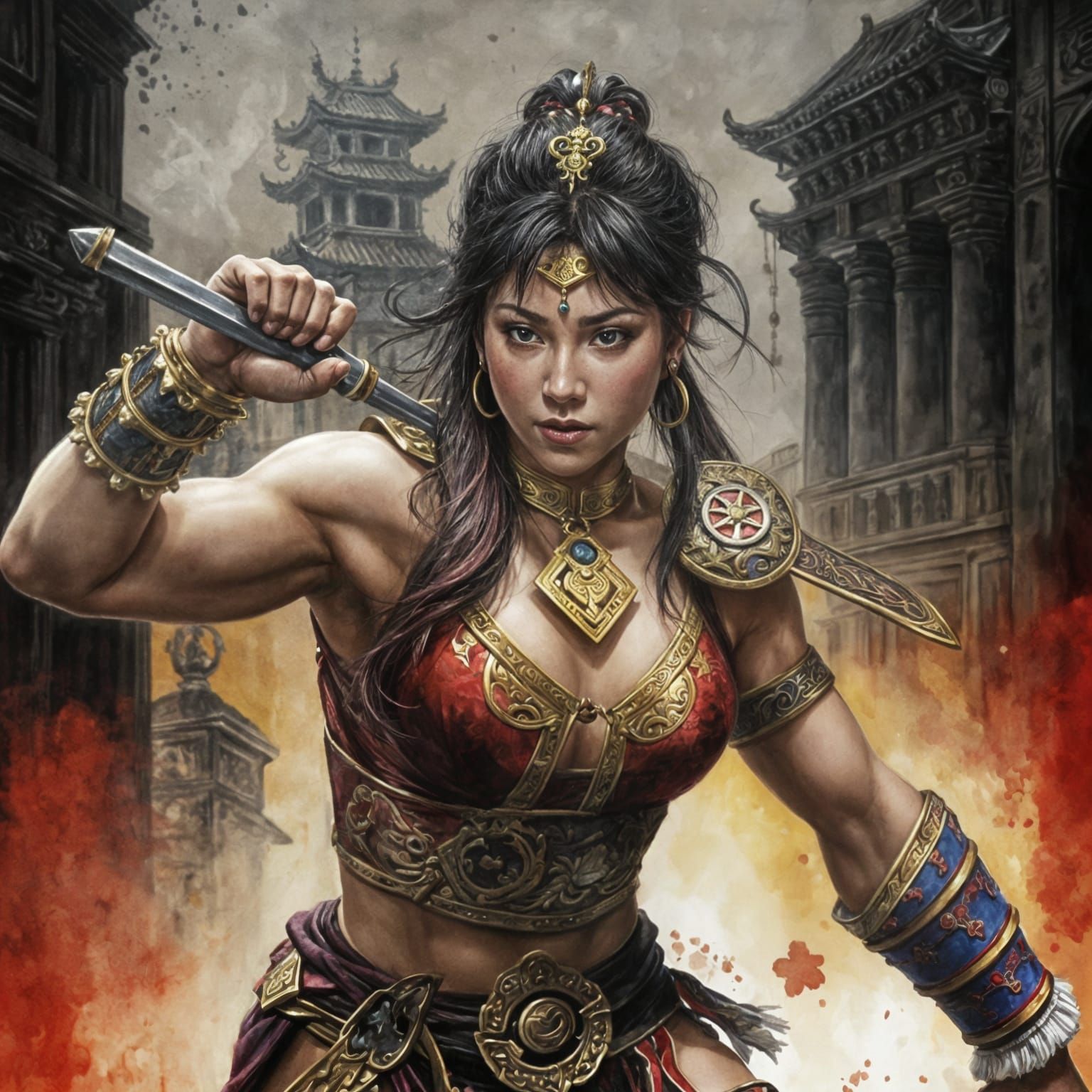 Kung-Fu Gladiator in Watercolor Fantasy Art