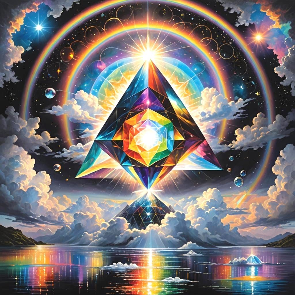 Iridescent Crystal Hedron in Divine Sky Dreamscape