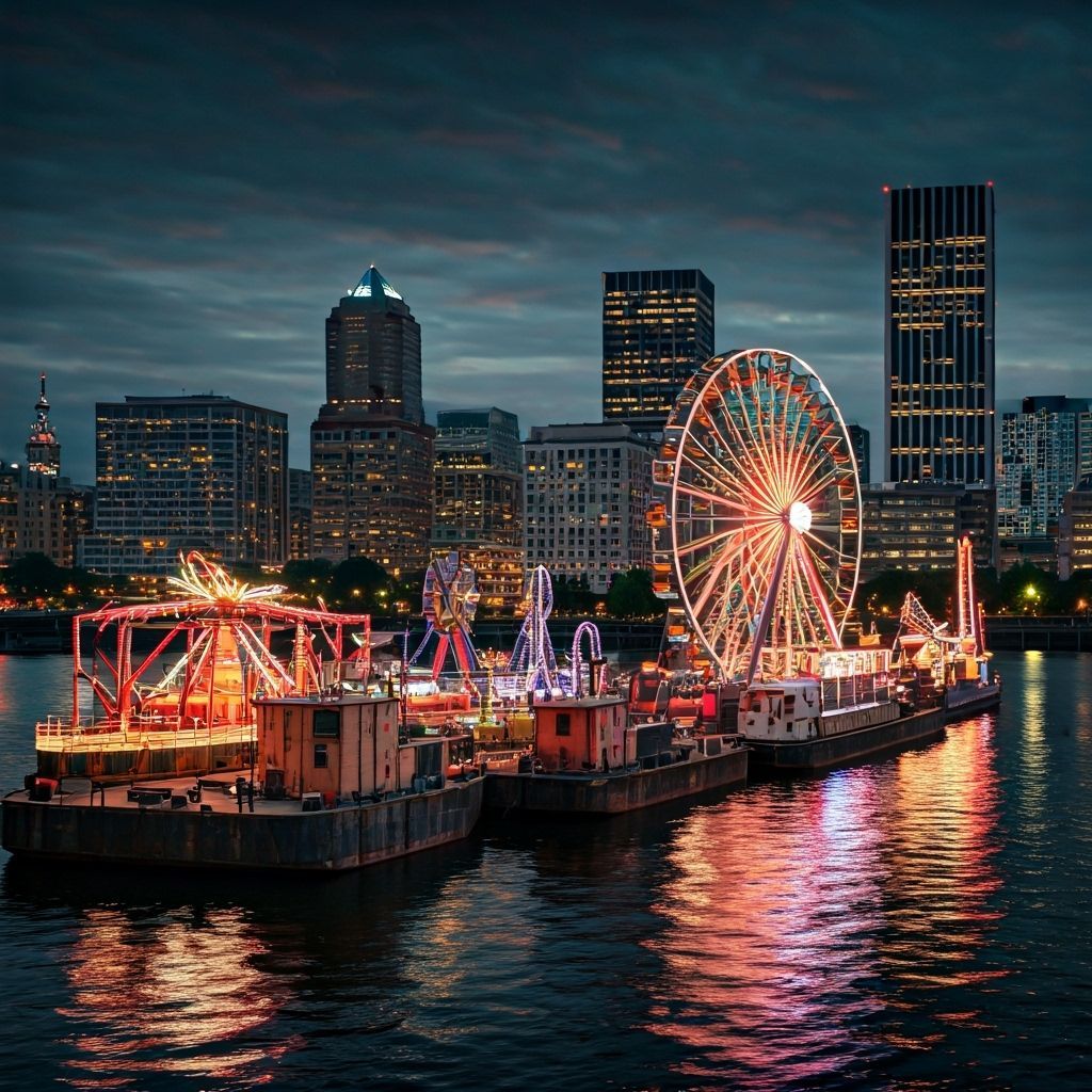 Portland Waterfront Carnival at Dusk in Matte Painting Style