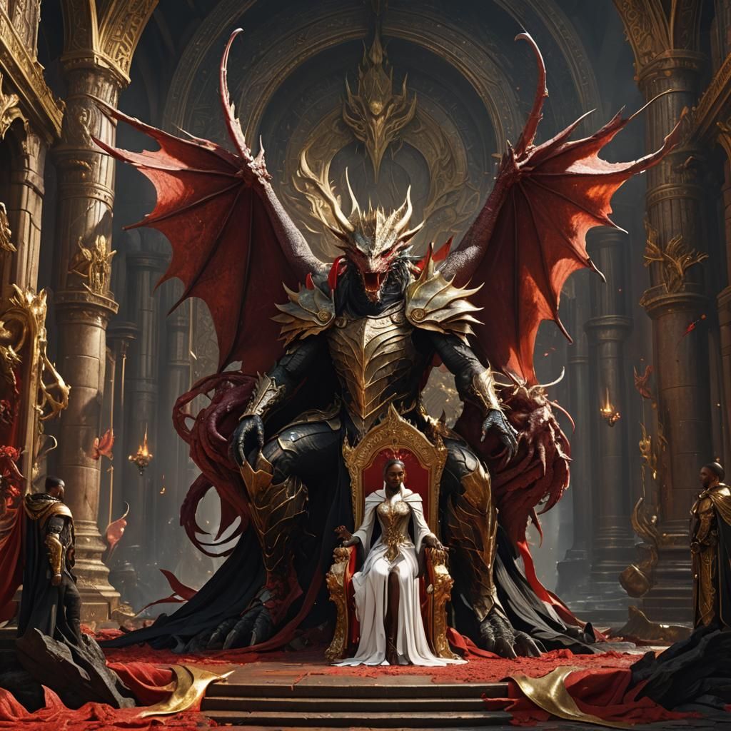 Fantasy Couple with Dragon Wings in Throne Room
