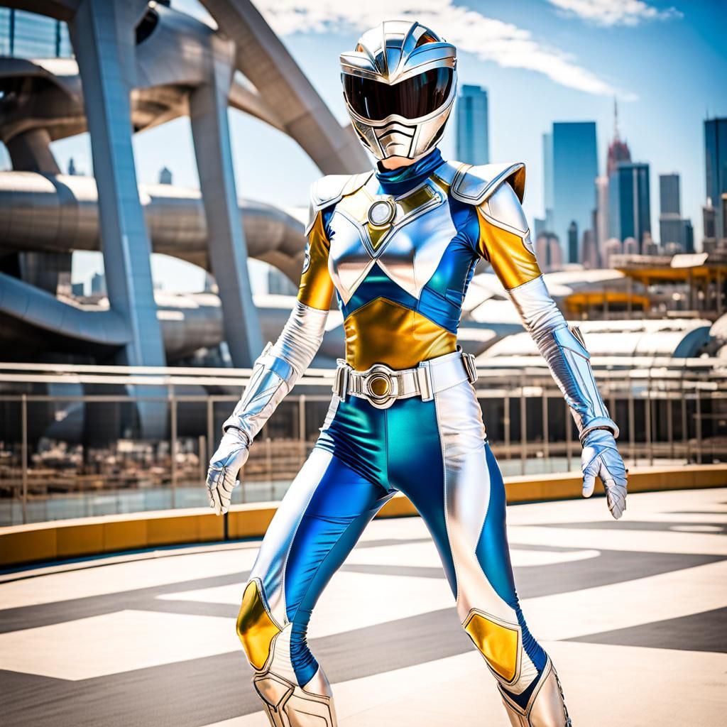 Futuristic Sci-Fi Power Ranger in Hyperdetailed Spaceport