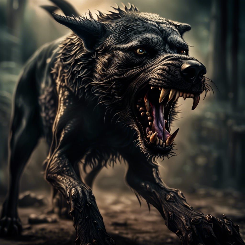 Sinister Snarling Hellhound in Hyperrealistic Horror Style