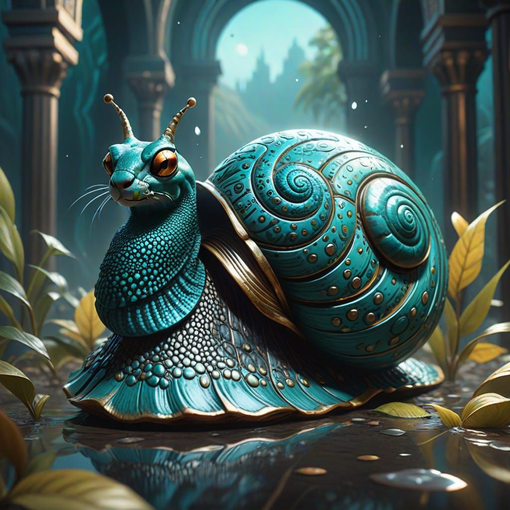 Majestic Teal Cheetah-Snail Hybrid in Dark Fantasy Realm