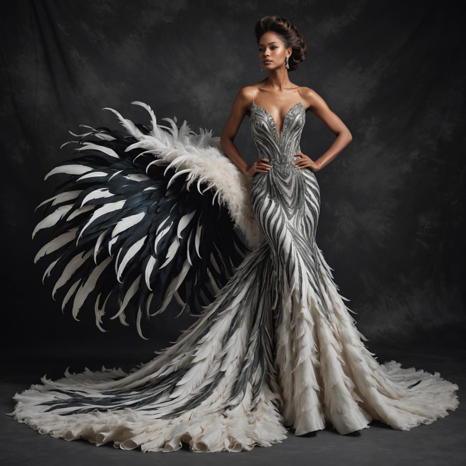 Elegant Woman in Feathered Gown, High-Fashion Portrait