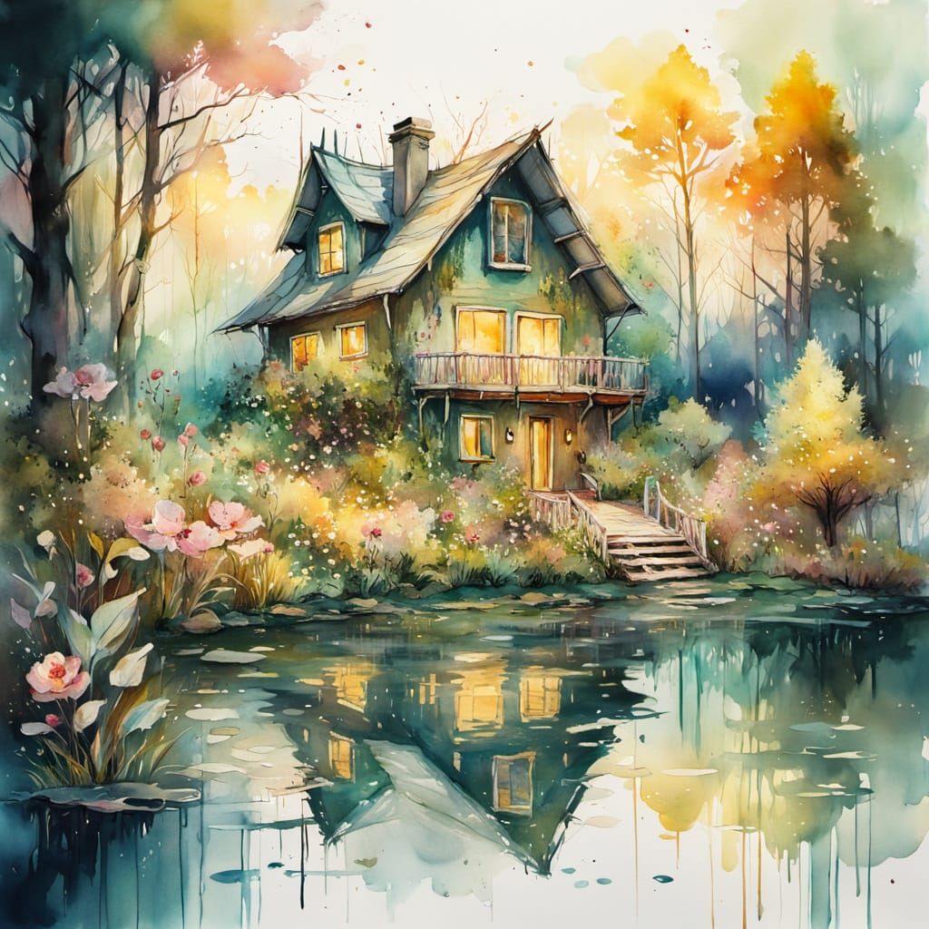 Lakeside House in Surreal Watercolor Style