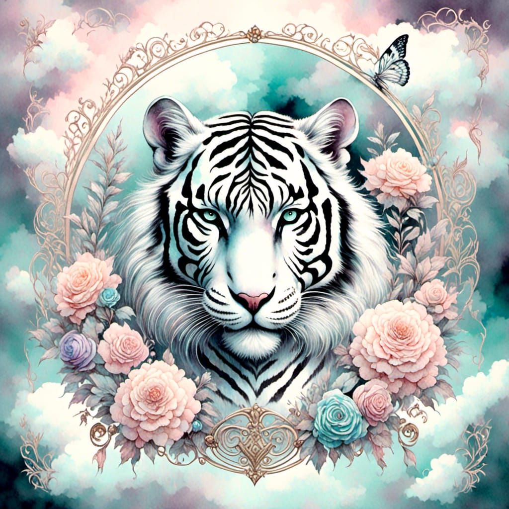 Victorian White Tiger in Watercolor Style