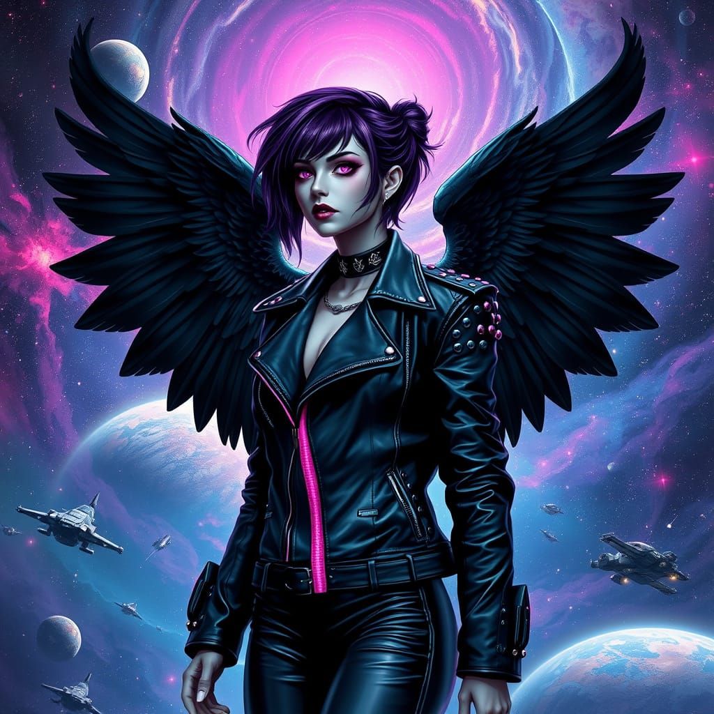 Cyberpunk Space Queen in Dark Purple Hair and Black Angel Wi...